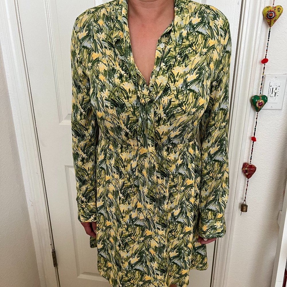 Anthropologie A-Line Dress Green and Yellow Floral Print -- Size M